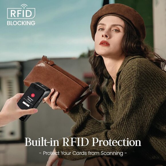 Genuine Leather Wristlet Clutch Wallet Purses with RFID Blocking, Small Crossbod - Picture 2 of 7